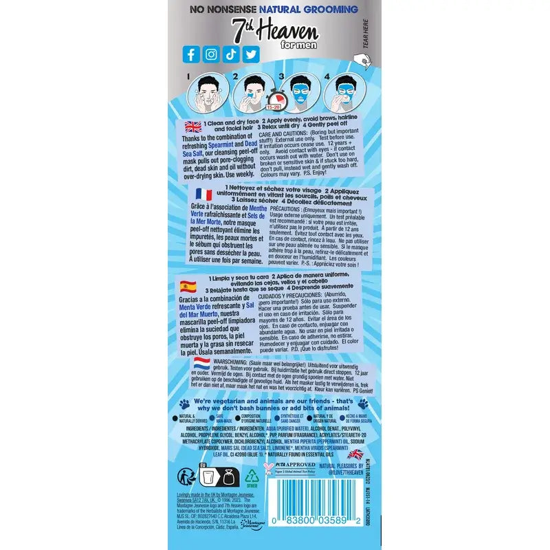 7 Heaven Men's Peel-Off Máscara de Sais do Mar Morto , 10 ml