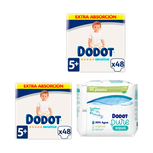 Dodot 2 Pack Sensitive Extra Jumbo Tamanho 5+, 48 pcs + Pure Aqua Baby Wipes 288 pcs.