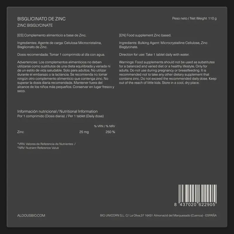 Aldous Bio Bisglicinato de Zinco 25 Mg, 500 comprimidos