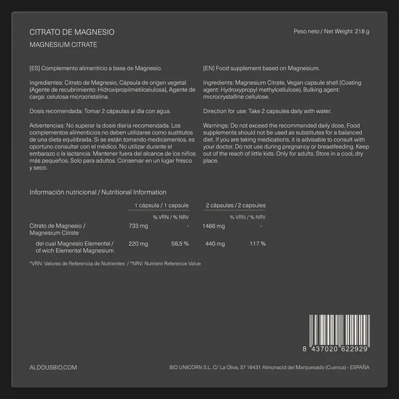 Aldous Bio Citrato de Magnésio , 250 cápsulas