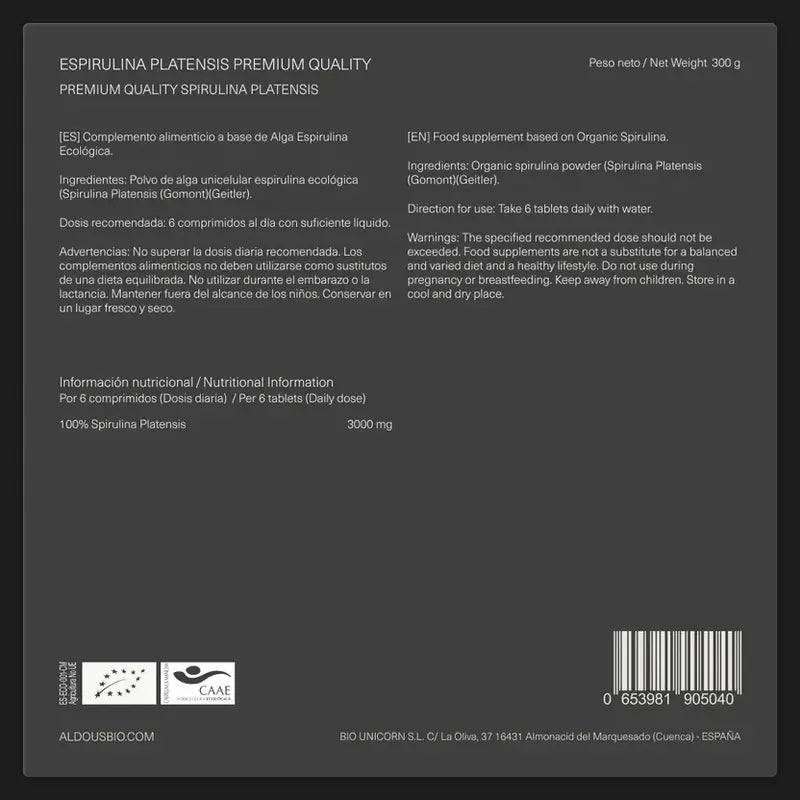 Aldous Bio Premium Spirulina Orgânica, 600 unidades