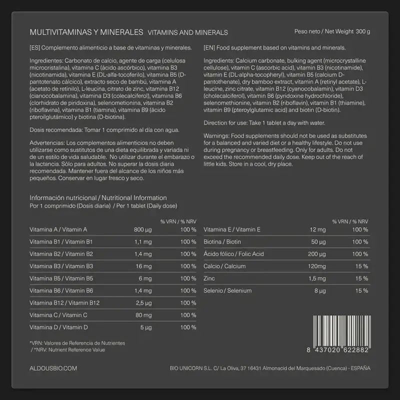 Aldous Bio Multivitamins Vitamina C, D, E, A, Vitaminas B, Biotina, Ácido Fólico, Cálcio, Zinco, Selénio , 500 comprimidos