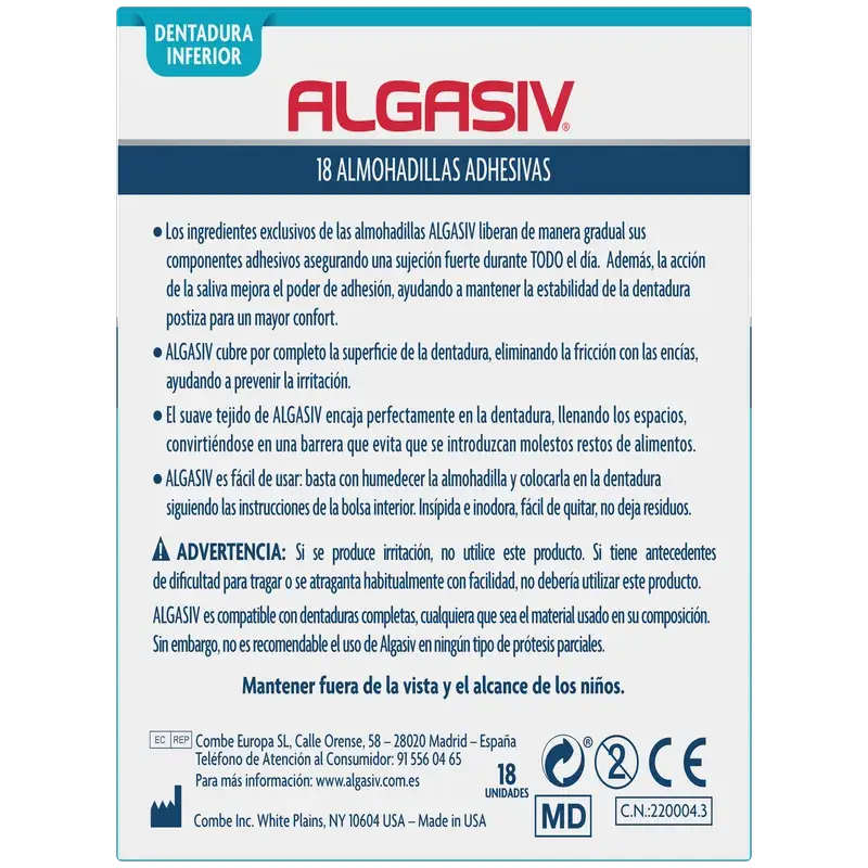 ALGASIV ADESIVO ALMOFADAS BAIXA DENTADURA 18 UNIDADES