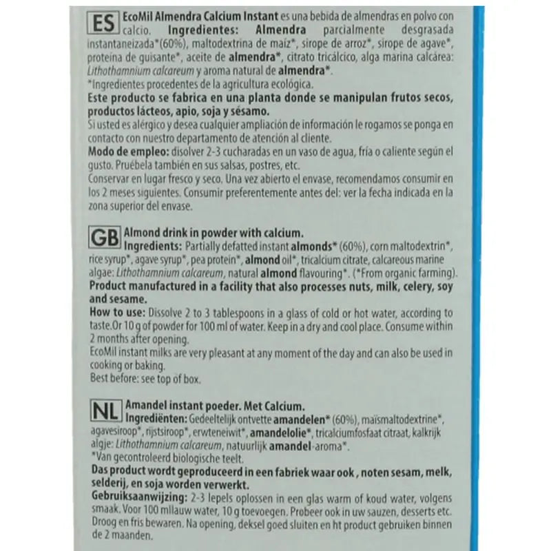 Leite de Amêndoa Ecomil Leite de Amêndoa com Cálcio em Pó 800Gr