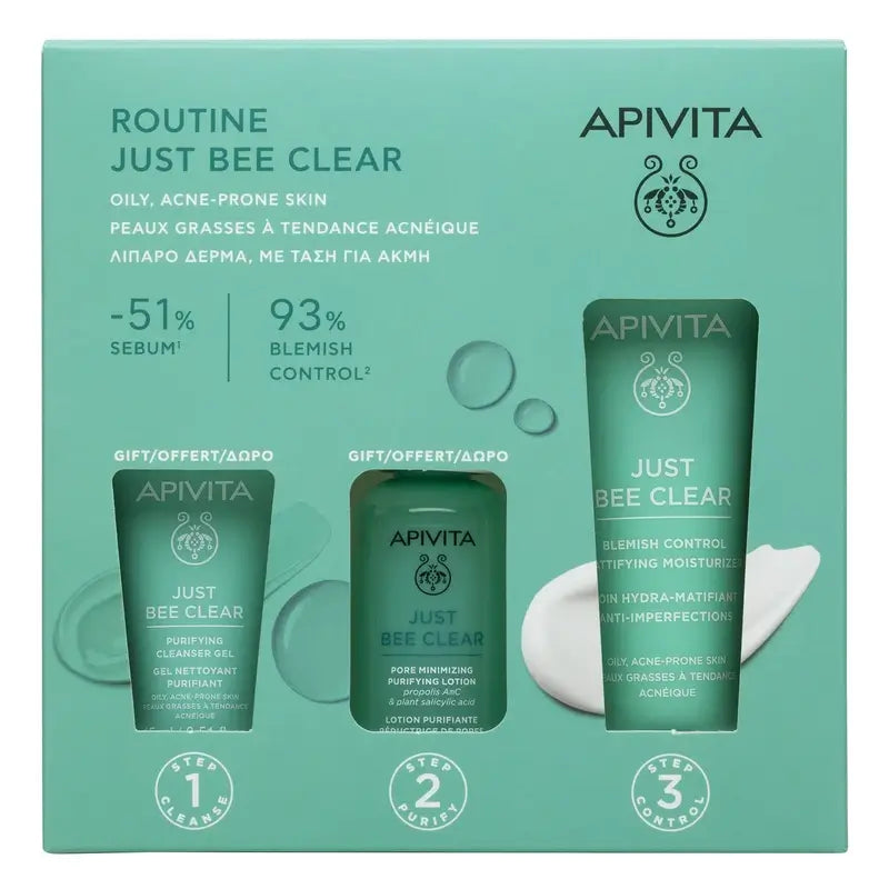 Apivita Just Bee Clear + Gel de Limpeza 15Ml + Loção Purificante 50Ml