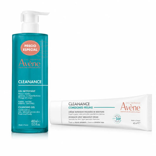 Gel de limpeza Avene Cleanance + Creme esfoliante Comedomed, embalagem com 2 unidades