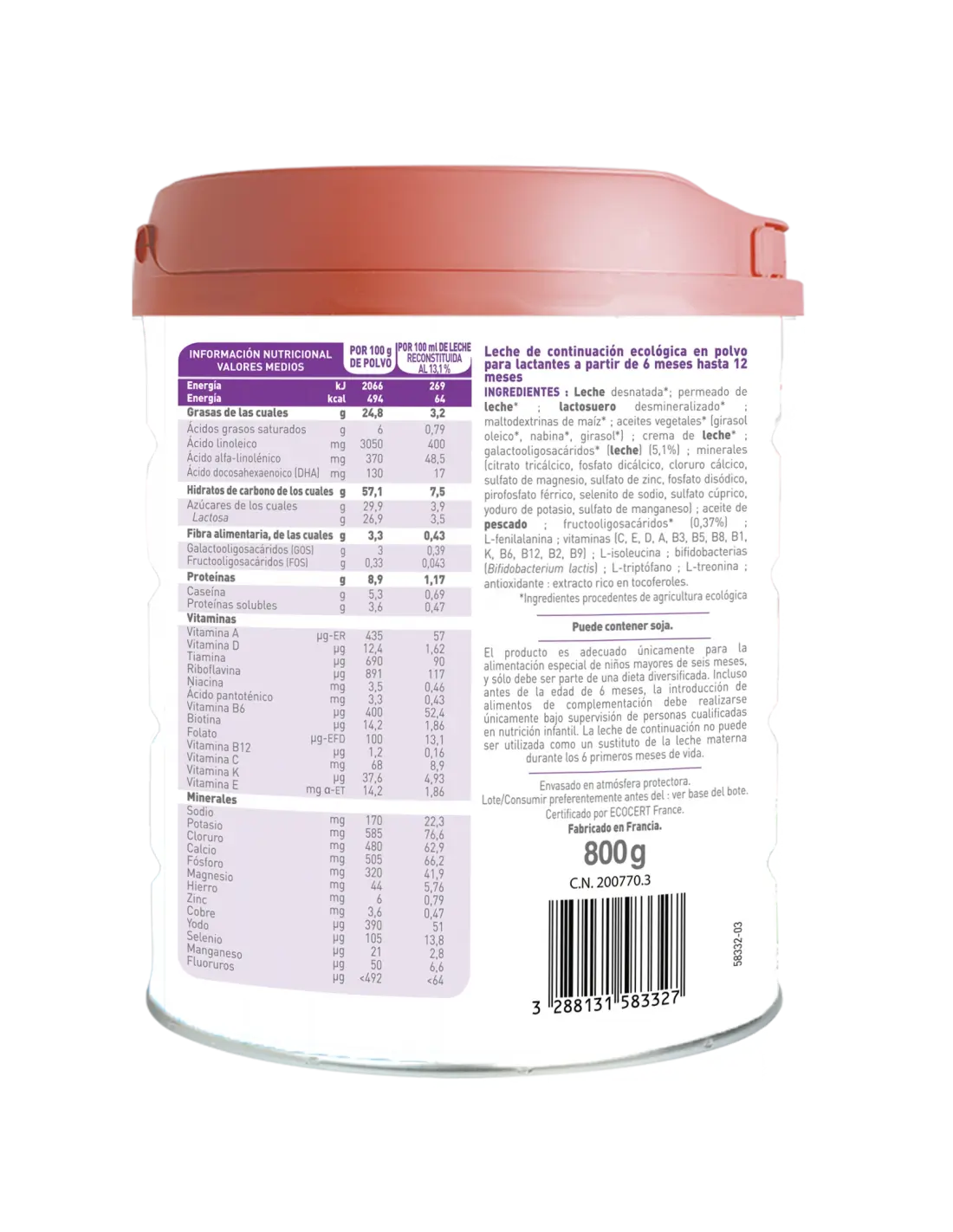 Babybio Optima 2 Leite de Vaca 0-6 Meses, 800 g