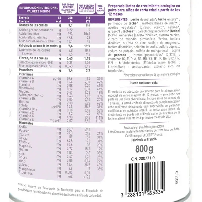 Babybio Optima 3 Leite de vaca 12-36 meses, embalagem de 4 x 800 gramas
