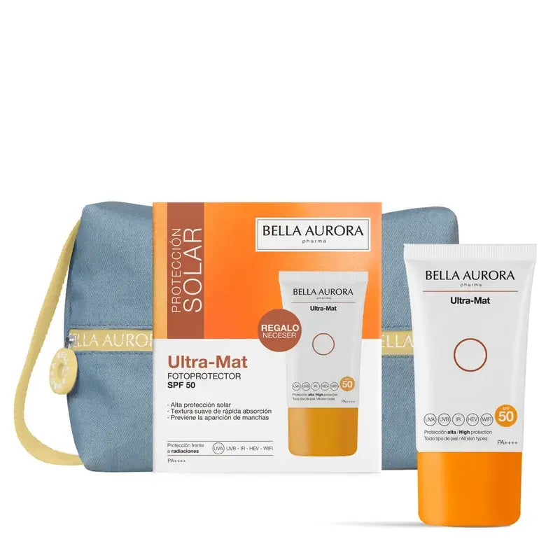 Bella Aurora Ultra-Mat Protetor Solar Ultra-Mat Spf50 + Conjunto de oferta Jean Toiletry Bag, 50 ml