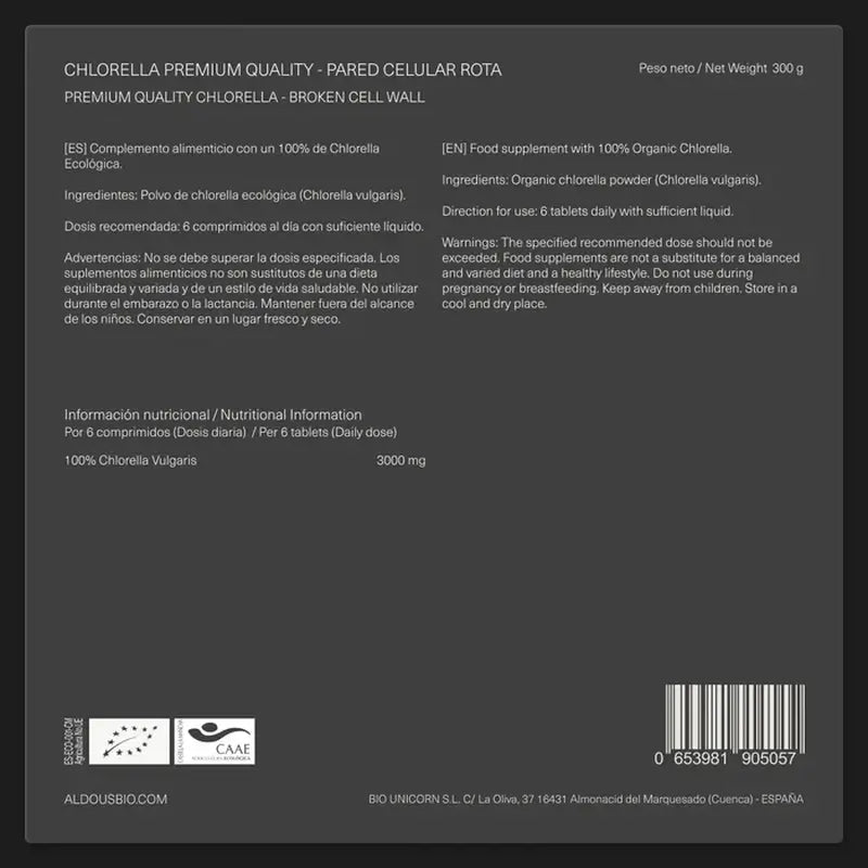 Aldous Chlorella e Spirulina Premium Orgânica, 600 unidades