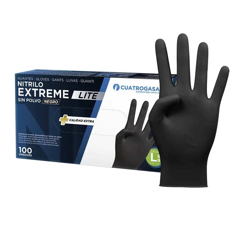 Luva Nitrílica Cuatrogasa Extreme Lite Preta L, 100 unidades