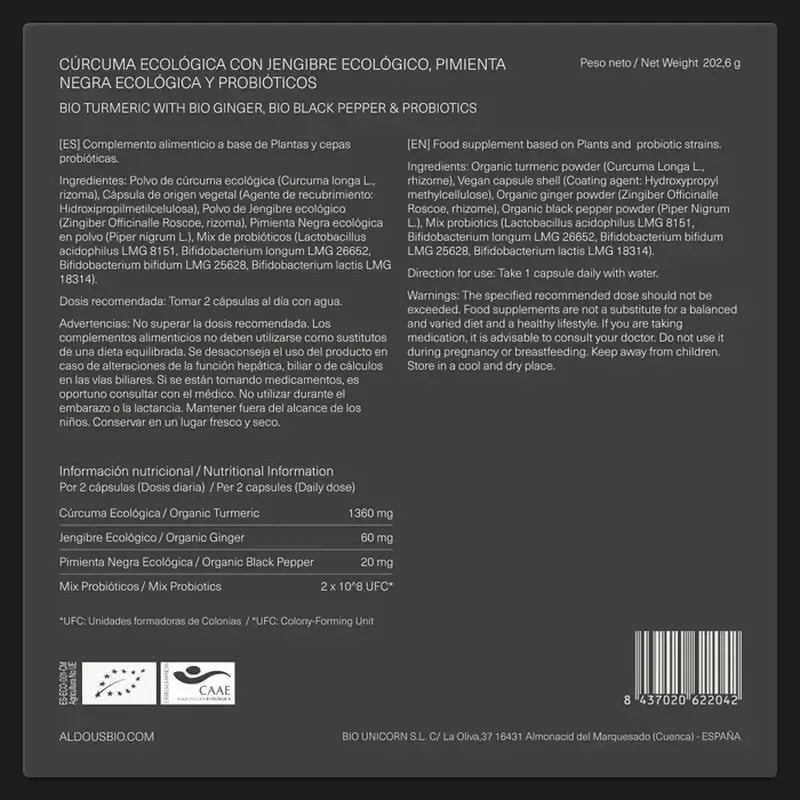 Aldous Bio Turmeric com Gengibre e Pimenta Preta com Probióticos, 250 cápsulas