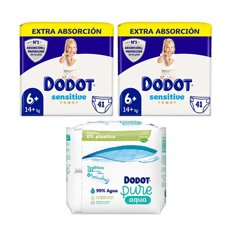 Dodot Sensitive Extra-Jumbo Pack Tamanho 6, 2 x 41 uds + Toalhetes Pure Aqua Para bebé 288 Unidades