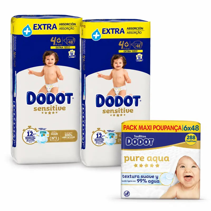 Dodot Sensitive Nappies Extra Absorvência 10-15 kg Tamanho 4+, 96 unid. + Dodot Pure Aqua 288 Toalhetes