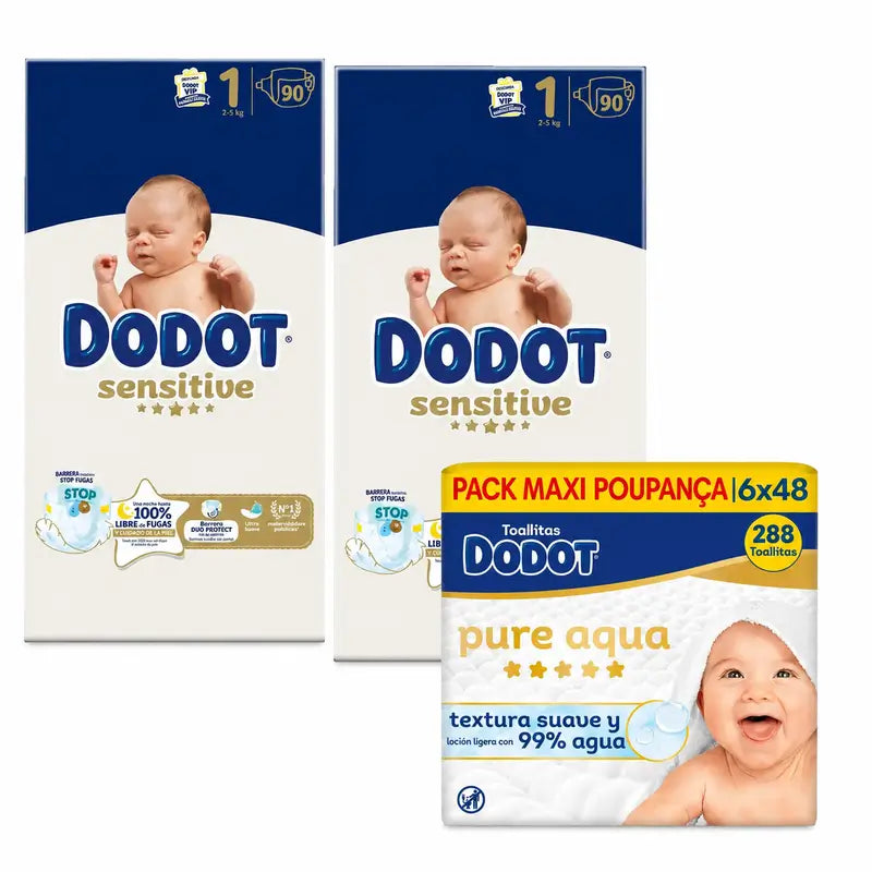 Dodot Sensitive Tamanho 1, 2kg-5kg, 180 fraldas + Dodot Pure Aqua 288 toalhetes