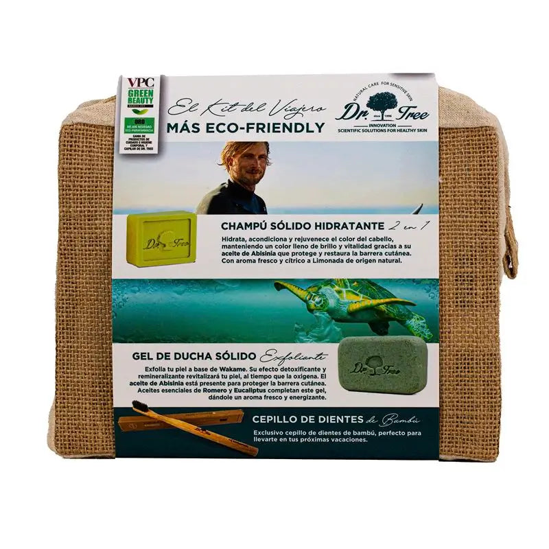 Saco de toilette Dr. Tree Kit de viagem Champô Gel Sólido + Escova de Dentes Bambu