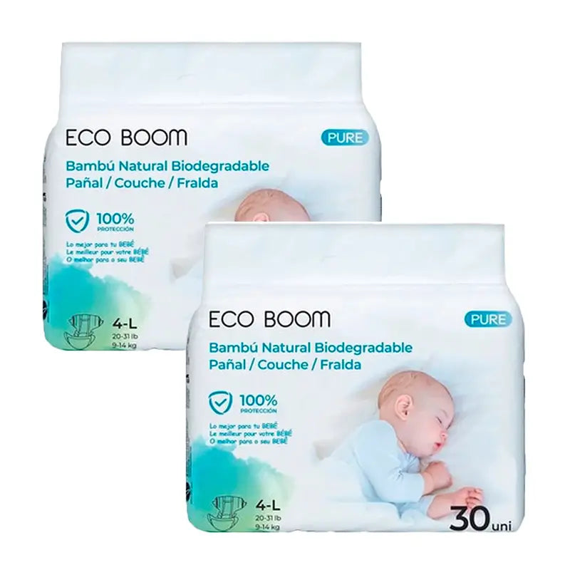 Eco Boom Pack 2X Fralda de Bambu Pure L 4, 60 unidades.