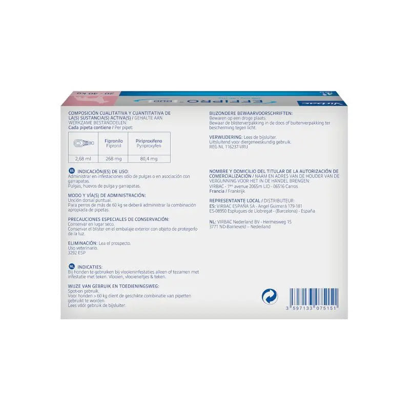 Effipro Duo Spot-On Cão de Grande Porte 20-40kg, 4 Pipetas