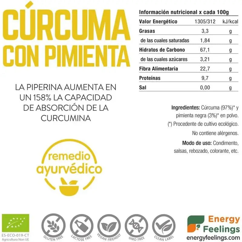 Energy Feelings Curcuma com Pimenta em Pó 200Gr. Eco Vegan Sg