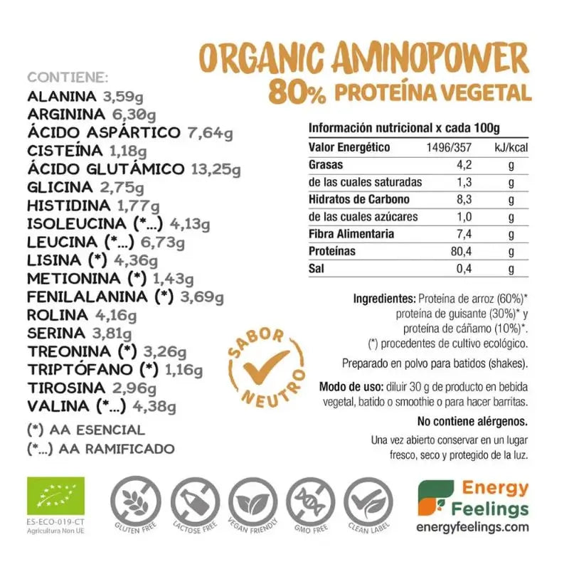 Energy Feelings Aminopower Orgânico 80% Neutro 500Gr. Eco Vegan Sg
