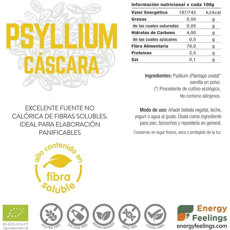 Energy Feelings Psyllium Integral com Casca 200Gr. Eco Vegan Sg