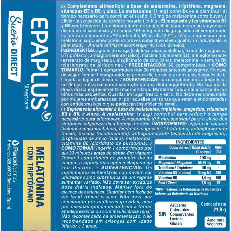 Epaplus Sleepcare Melatonin Diret With Tryptophan Plus , 60 comprimidos