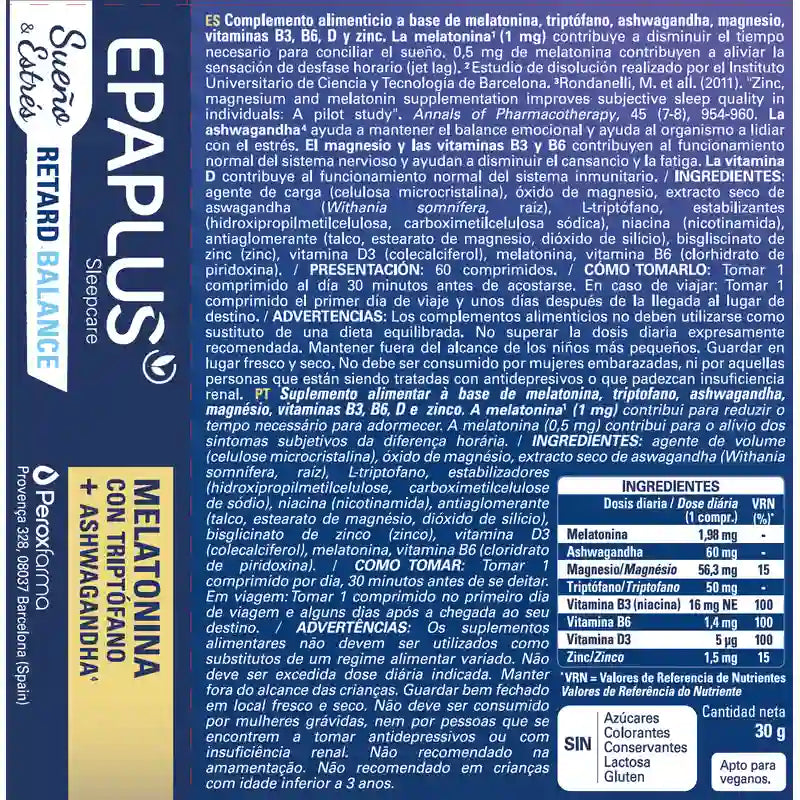 Epaplus Sleepcare Melatonin Retard Balance With Tryptophan, 30 gramas, 60 comprimidos