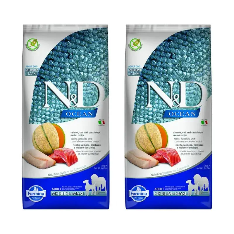 Farmina N&D Dog Ocean Salmão Bacalhau Medium Maxi 12Kg, Ração para Cães, Embalagem de 2