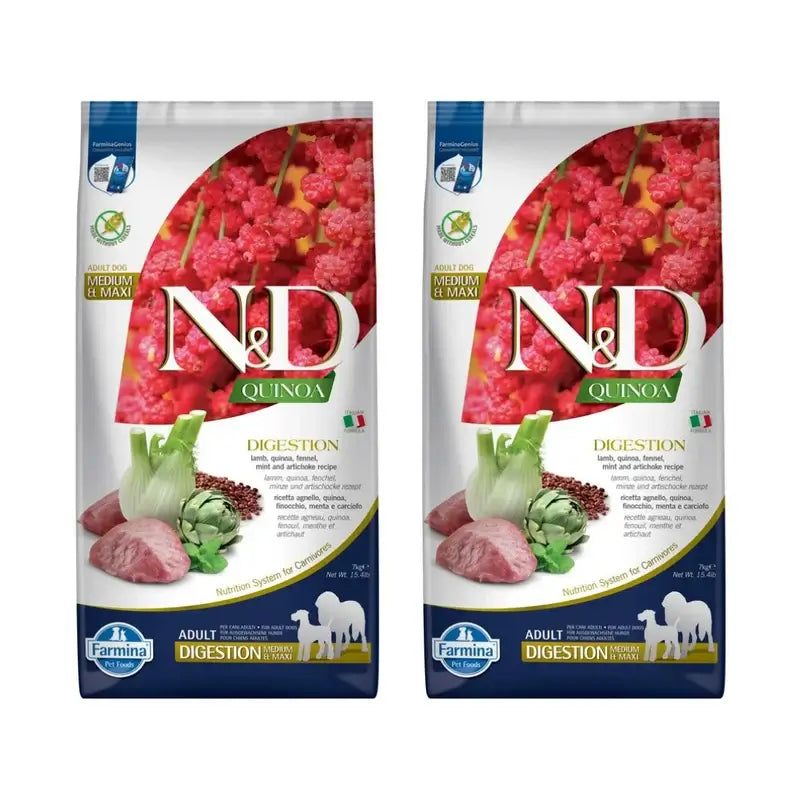 Farmina N&D Cão Quinoa Digestão Borrego Med/Maxi 7Kg, Embalagem de 2