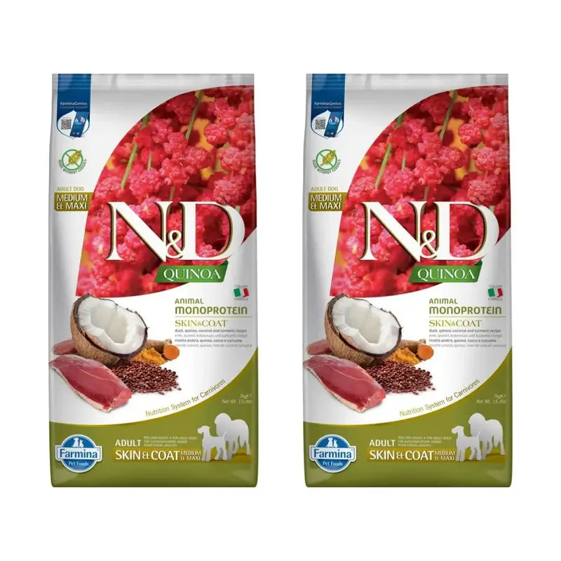 Farmina N&D Cão Quinoa Pele Pelo Pato Med/Maxi 7Kg, Embalagem de 2