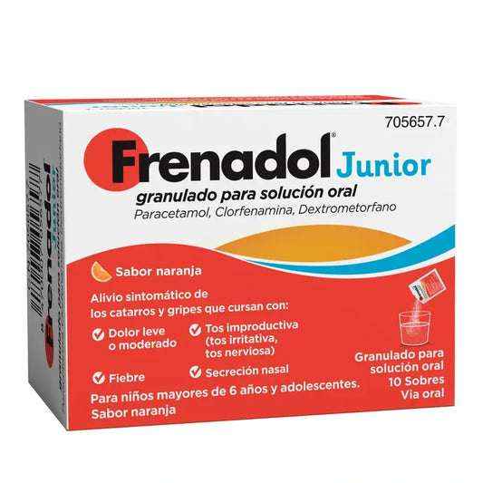 Frenadol Junior Flu Relief, Alívio sintomático das constipações e gripes, Crianças, Sabor a laranja, Via oral, 10 saquetas