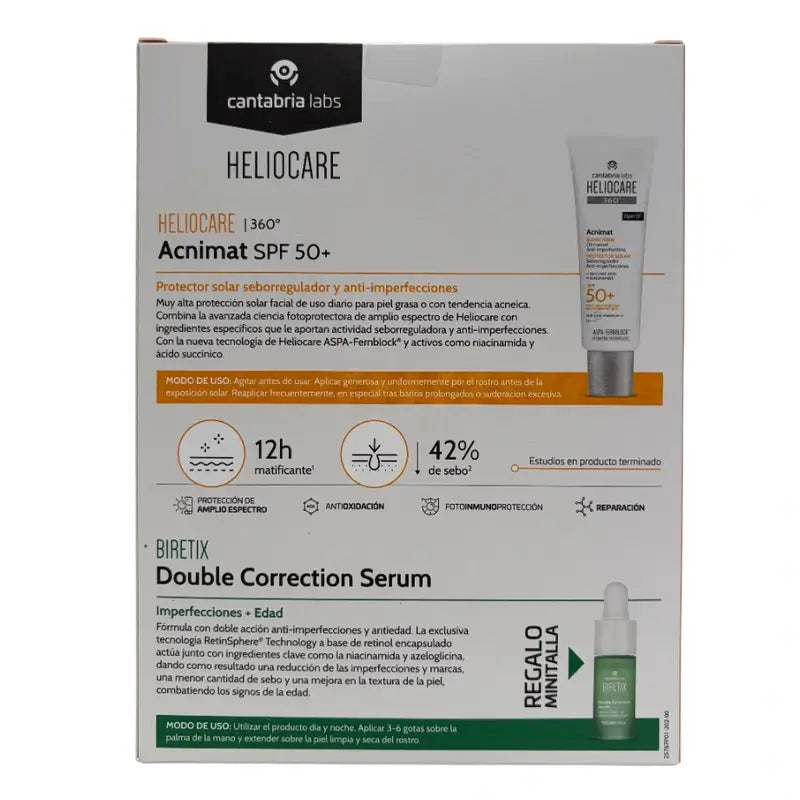 Heliocare Pack 360 Acnimat 50Ml+ Minitalla Biretix Double Corretion Serum 10 Ml