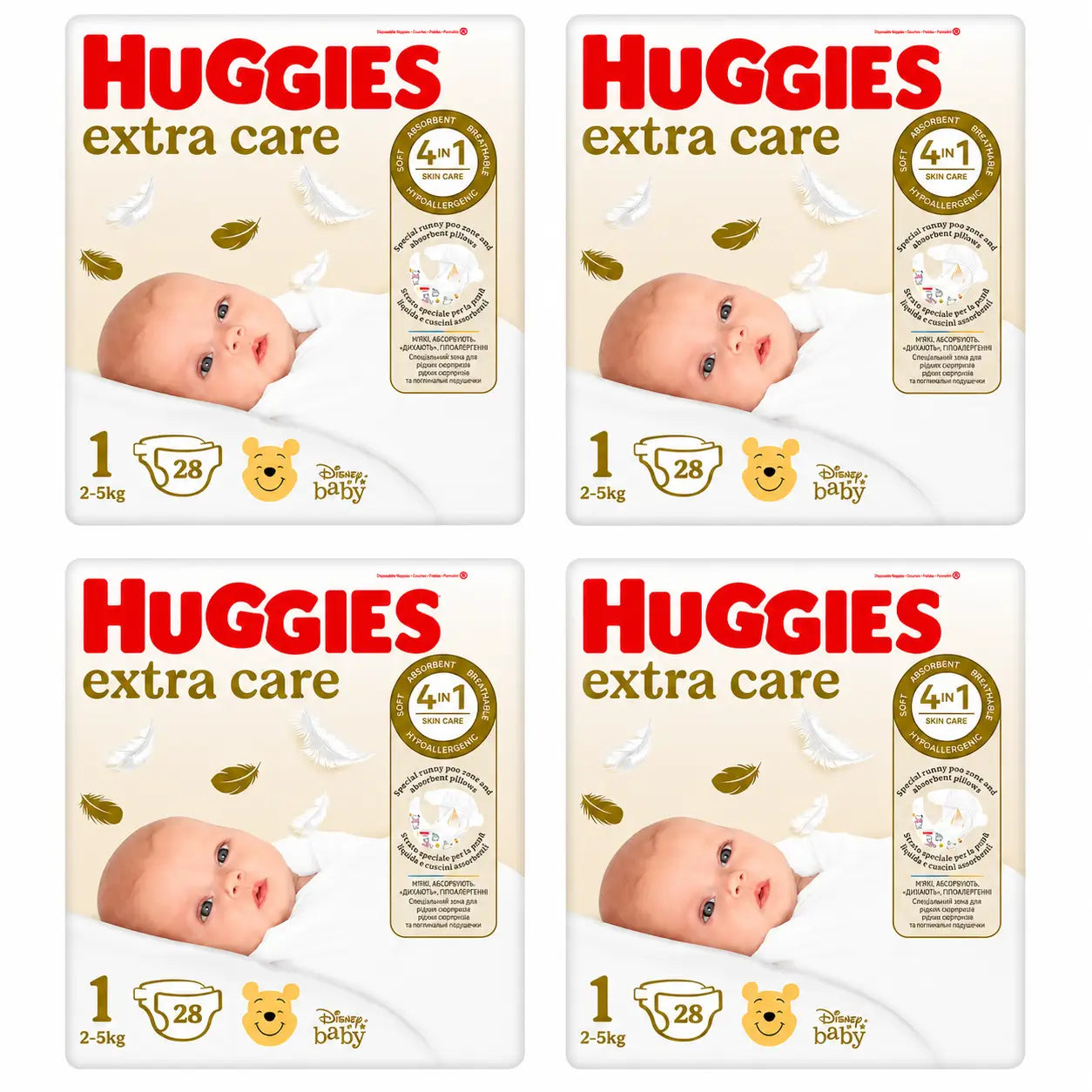 Fralda Huggies Extra Care Tamanho 1 (2-5 Kg) Disney Baby, 28 unidades, embalagem com 4