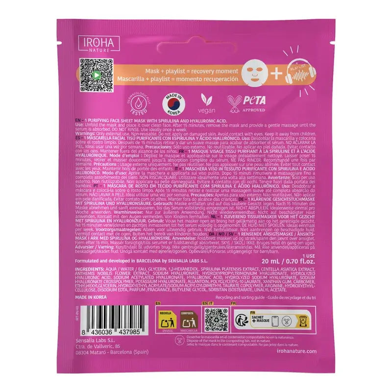 Iroha Nature Máscara Facial Pós-Treino Purificante e Suavizante, 1 unidade