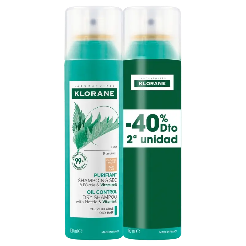 Klorane Natural Nettle Dry Shampoo Pack Cabelo castanho oleoso 2x150ml 40% DESCONTO