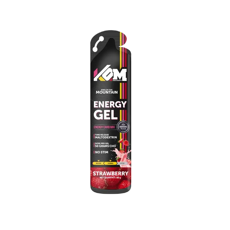 Kom Endurance Sports Nutrition Gels, caixa de 18 géis de 80g, sabor a morango.
