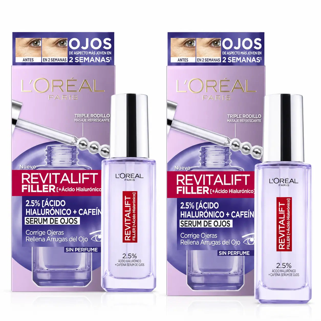 L'Oréal Paris Revitalift Filler Sérum para os Olhos: 2,5% Ácido Hialurónico e Cafeína, Roll-On Triplo, embalagem 2