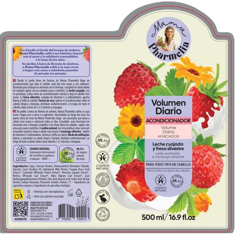 Mama Pharmelia Condicionador Volume Diário Requeijão de Leite e Morango Silvestre, 500Ml