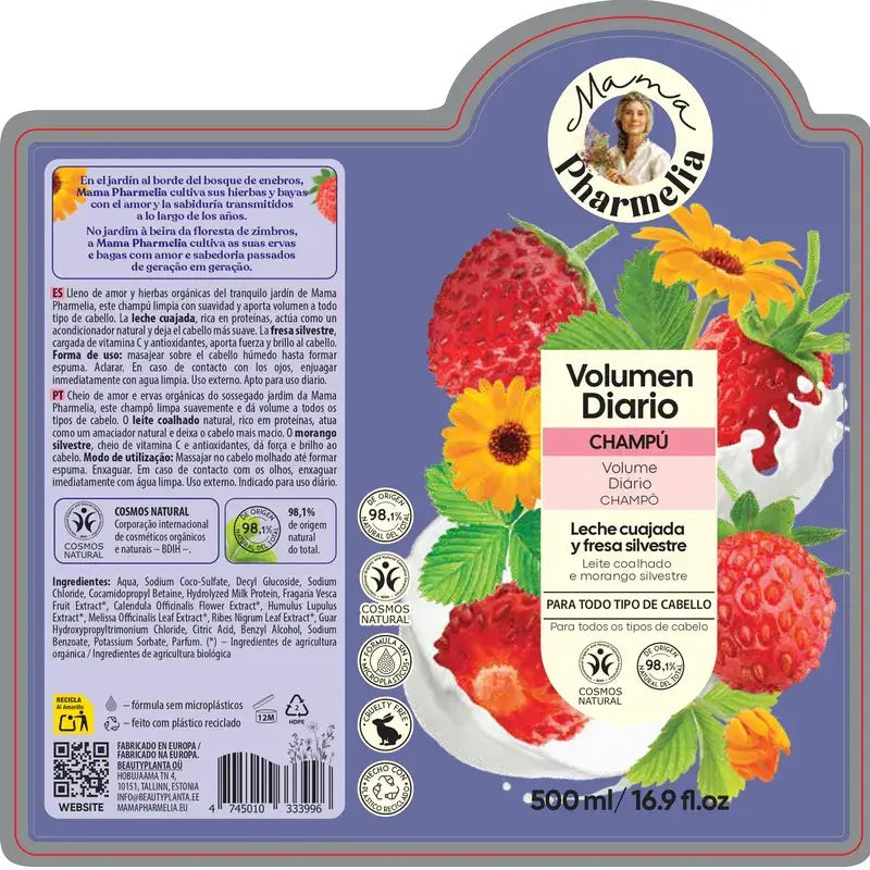 Mama Pharmelia Champô Volume Diário Requeijão de Leite e Morango Silvestre, 500ml