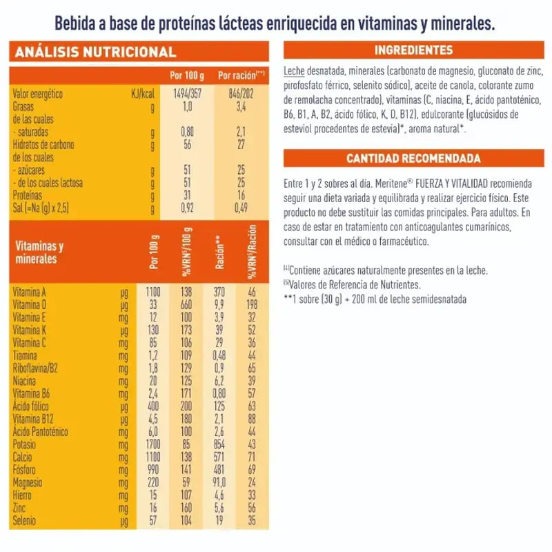Batido de Força e Vitalidade Meritene Sabor a Morango, 15 saquetas x 30 g