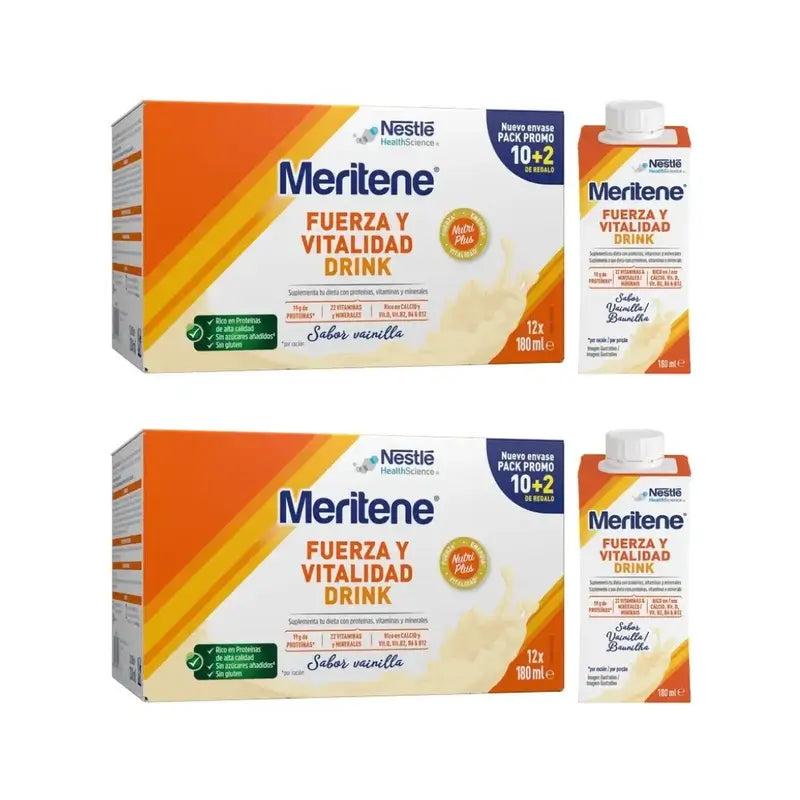 Meritene Strength & Vitality Drink Baunilha, 12X180 Ml, embalagem de 2