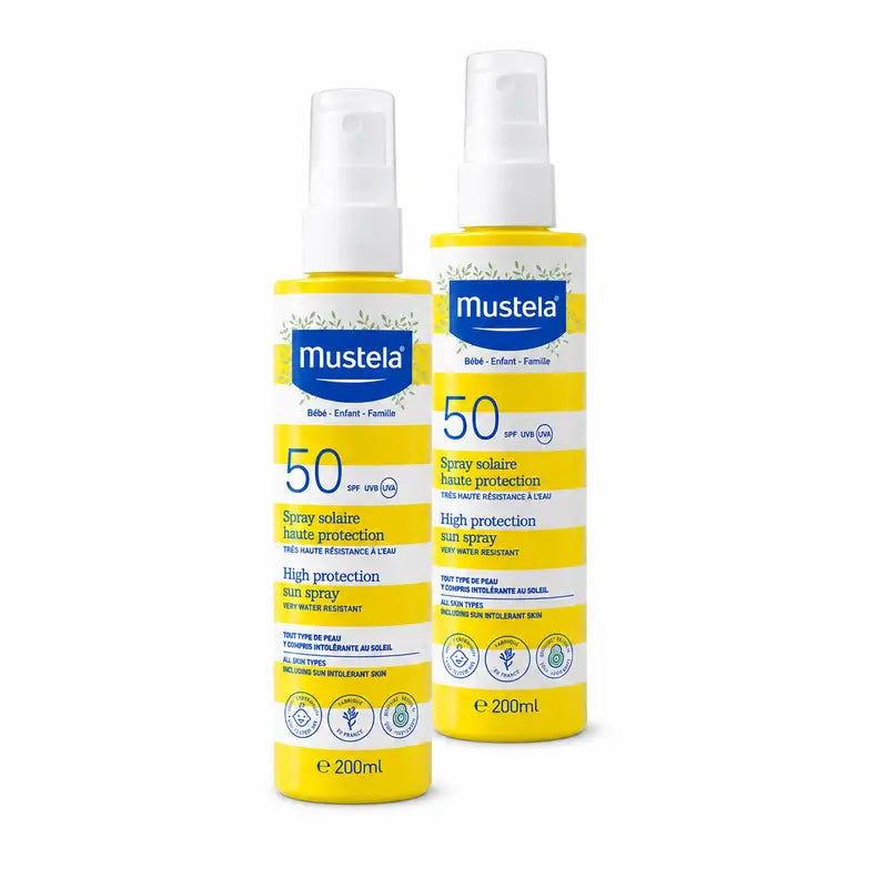 Leite Protetor Solar Proteção Muito Elevada Mustela SPF 50, embalagem 2 x 200 ml