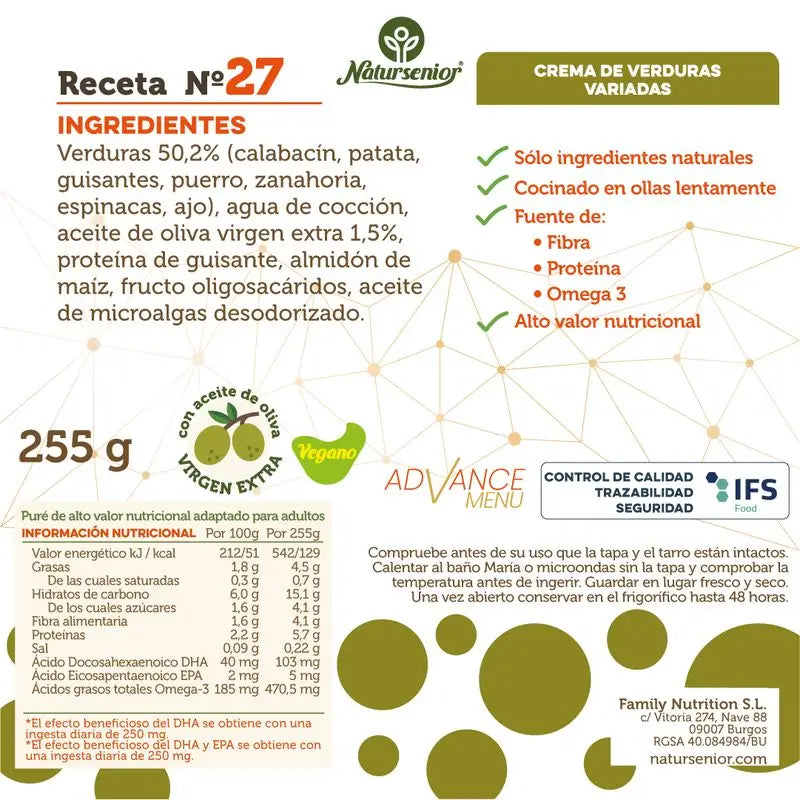 Natursenior Adultos Creme de Legumes Legumes mistos com Omega 3 Dha, Prebióticos e Proteína. , 255 gr