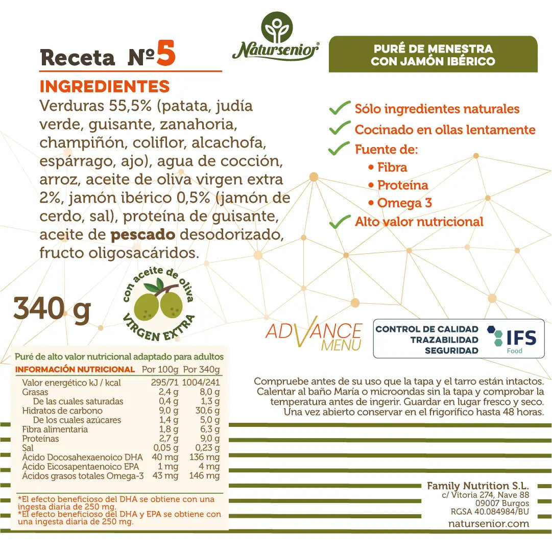 Natursenior Adultos Puré de Farinha com Presunto Ibérico com Omega 3 Dha+Epa, Prebióticos e Proteínas. , 340 gr