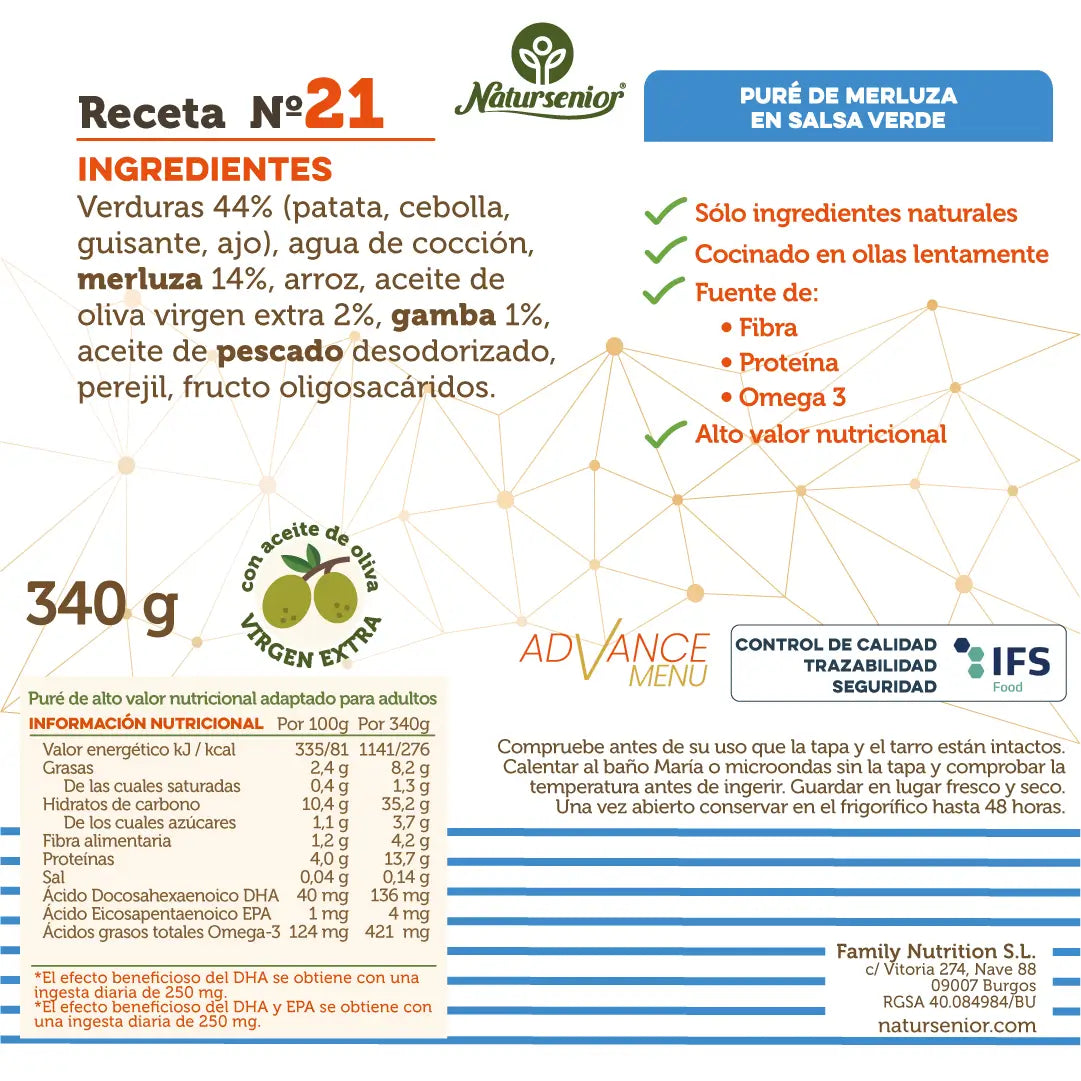 Natursenior Adultos Puré de Pescada em Molho Verde Reforçado com Ómega 3 Dha+Epa, Prebióticos e Proteínas. , 340 gr