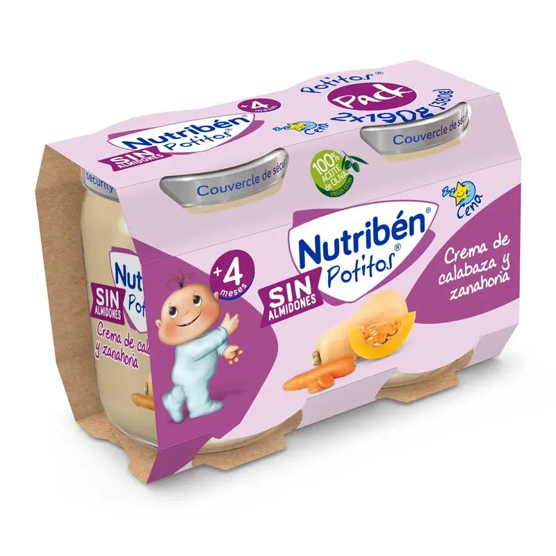 Alimento para Bebés Nutriben Creme de Abóbora e Cenoura, A partir dos 4 Meses, 2 Unidades X 190 Gr