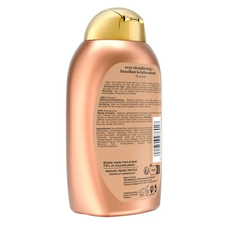 OGX Champô Queratina Brasileira, Suavizar e Nutrir, Cabelo Ondulado ou Encaracolado, Suave e Brilhante, 385ml