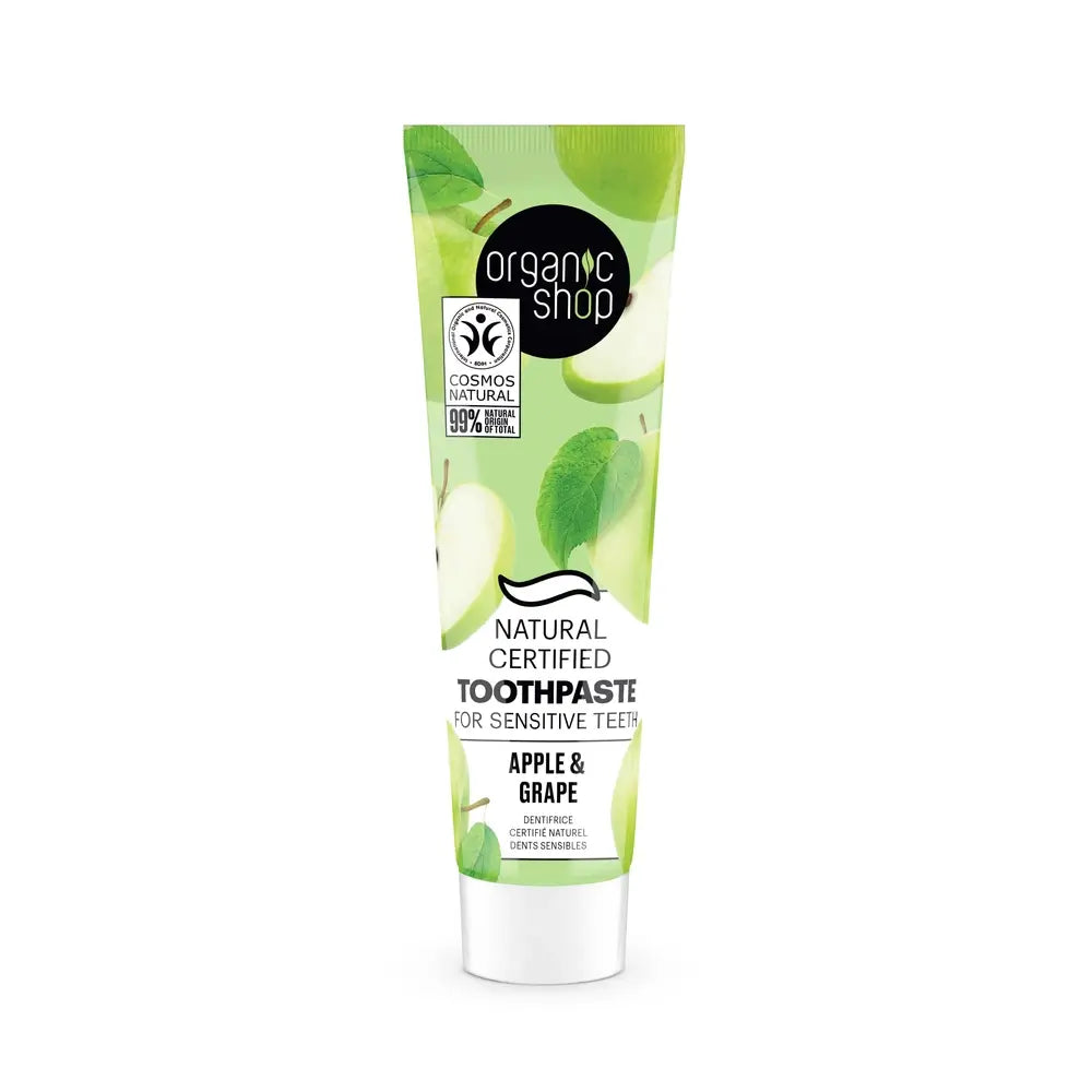 Organic Shop Os Apple & Grape. Pasta de dentes natural certificada para a sensibilidade dentária, 100 G
