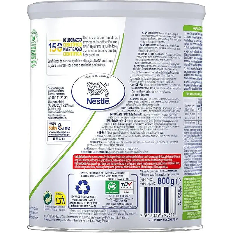 Leite para bebés Nestlé Nan Total Comfort 2, embalagem de 8 x 800 g