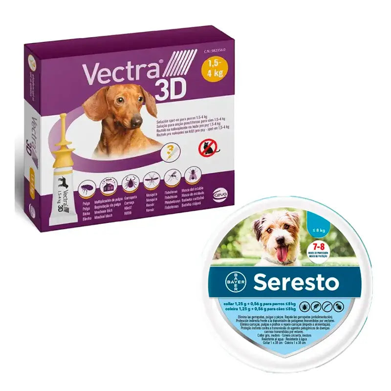Vectra 3D + 1,5-4 kg 3 Pipetas + Coleira Seresto Pequena, Pack Mini Cães
